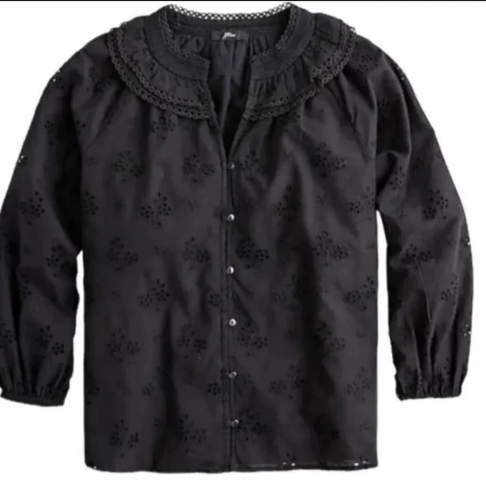 J.Crew Women’s Black Eyelet Peasant/Ruffle Collar Button Down Blouse Top